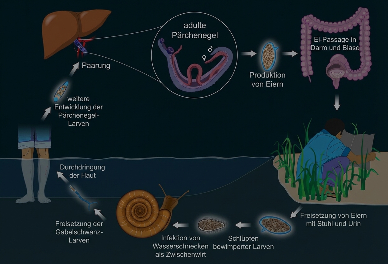 Schematische Grafik des Lebenszyklus von Schistosomen: Mensch, Wasserschnecke, Larven, Eier und Hautdurchdringung